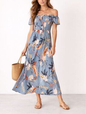 Blue Floral Smocked Boho Maxi Dress Off Shoulder Flowy Large Cottagecore L